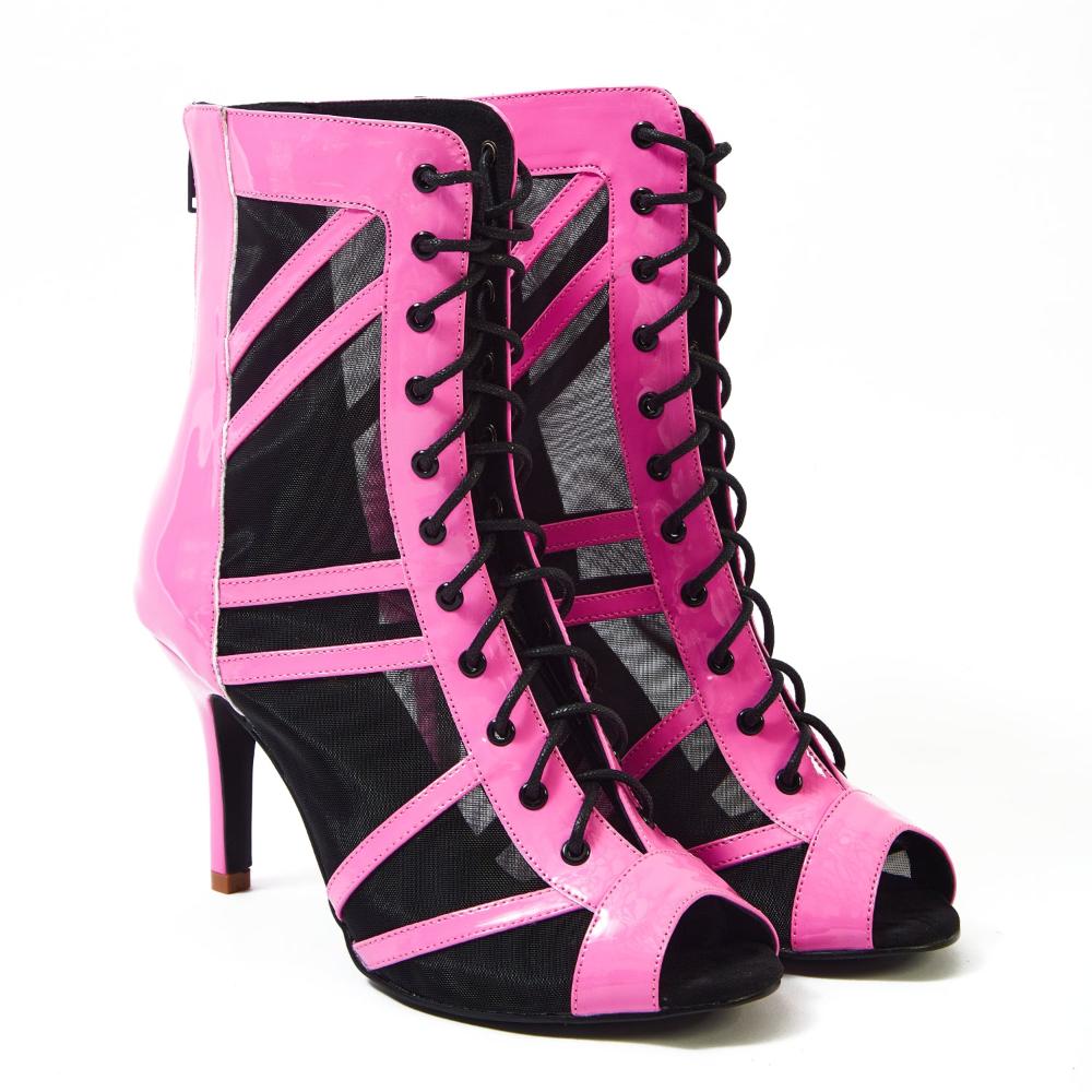 Bouge Moi Dance Shoes pink fishnet Mash Lace Up Booties
