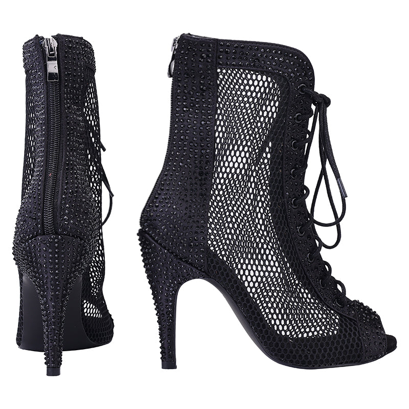 Bouge Moi Dance Shoes Black Fishnet Mash Lace Up Booties